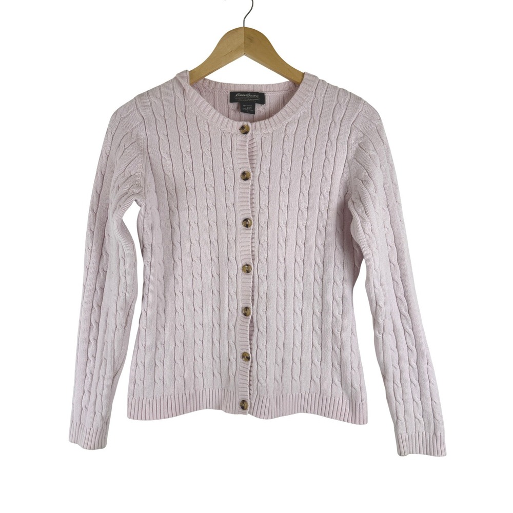 Eddie Bauer Womens Pink Cable Knit Cotton Blend Cardigan Sweater S Preppy Barbie